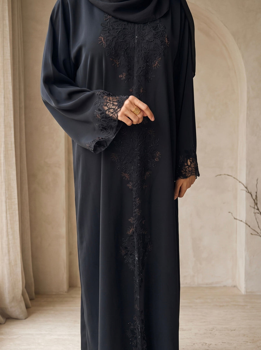 ABAYA Dubai noire ajourée avec strass PU T.58